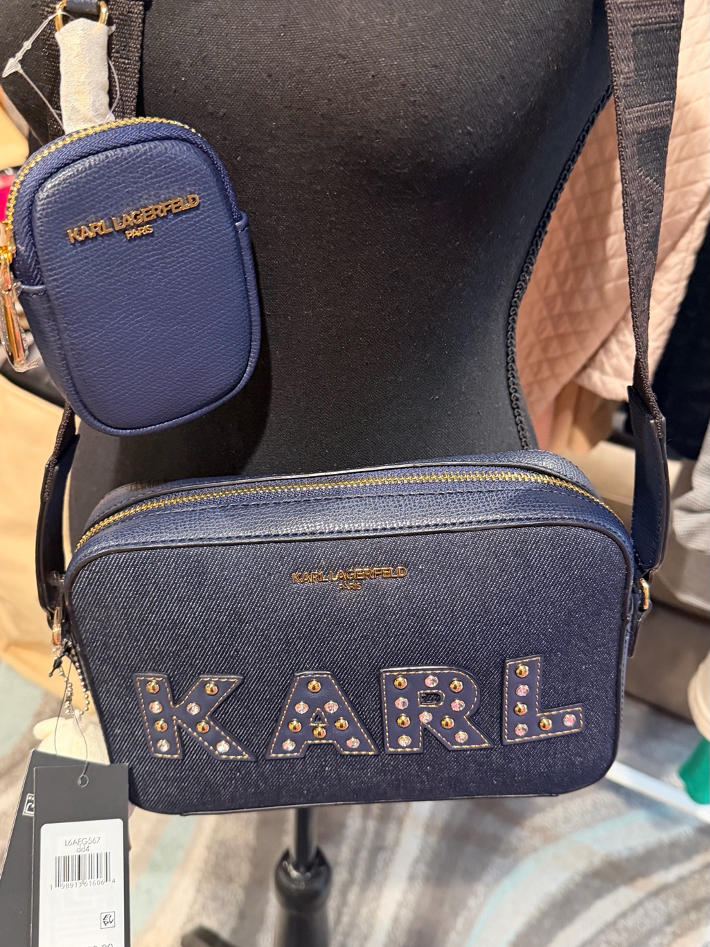 Karl Lagerfeld Navy Denim Crossbody Bag With Studded Karl Logo Denim